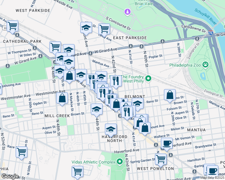 map of restaurants, bars, coffee shops, grocery stores, and more near 4211 Ogden Street in Philadelphia
