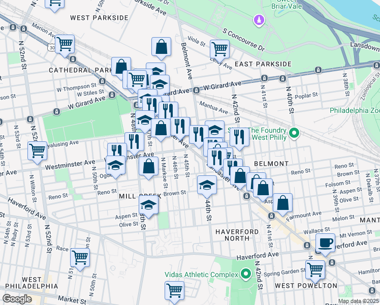 map of restaurants, bars, coffee shops, grocery stores, and more near 886 North 45th Street in Philadelphia
