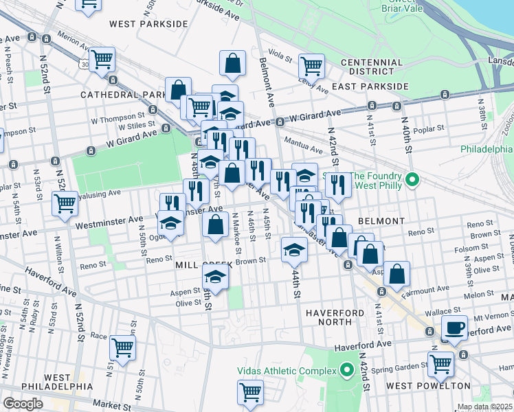 map of restaurants, bars, coffee shops, grocery stores, and more near 886 North 45th Street in Philadelphia