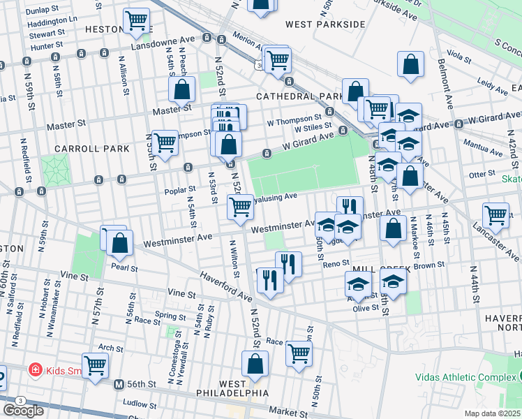 map of restaurants, bars, coffee shops, grocery stores, and more near 5109 Westminster Avenue in Philadelphia