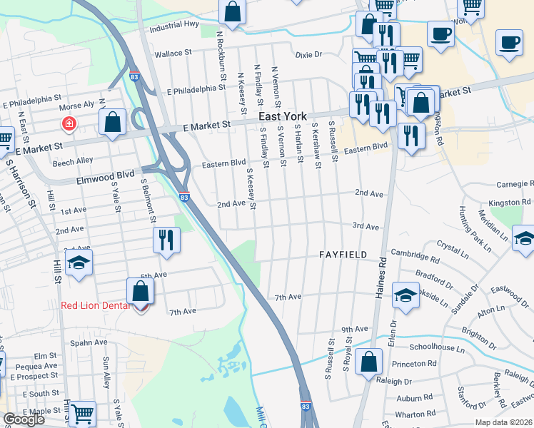 map of restaurants, bars, coffee shops, grocery stores, and more near 250 South Findlay Street in East York