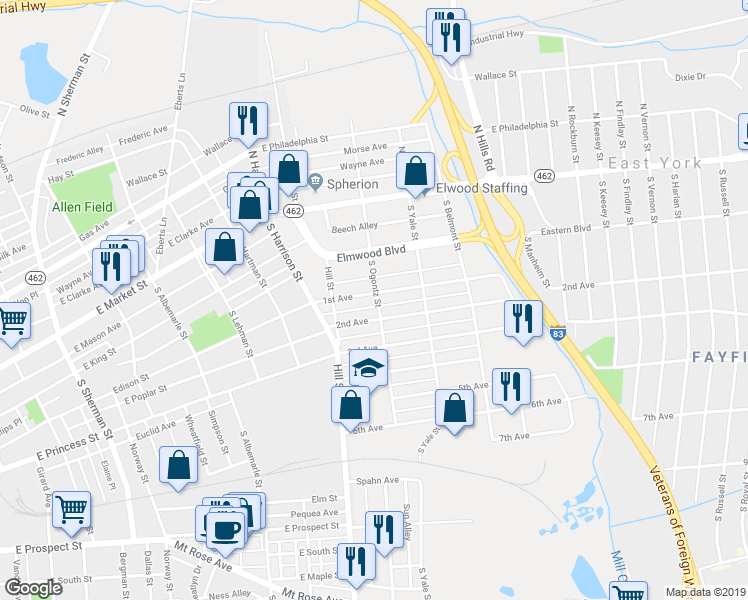 map of restaurants, bars, coffee shops, grocery stores, and more near 1505 2nd Avenue in York