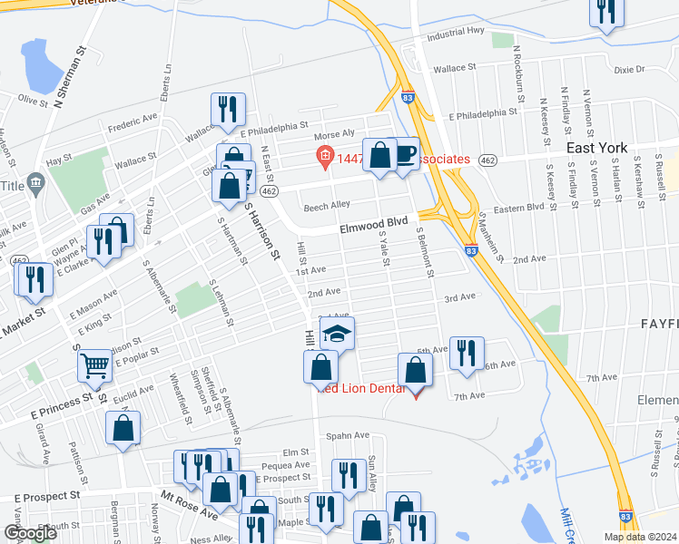 map of restaurants, bars, coffee shops, grocery stores, and more near 1505 2nd Avenue in York