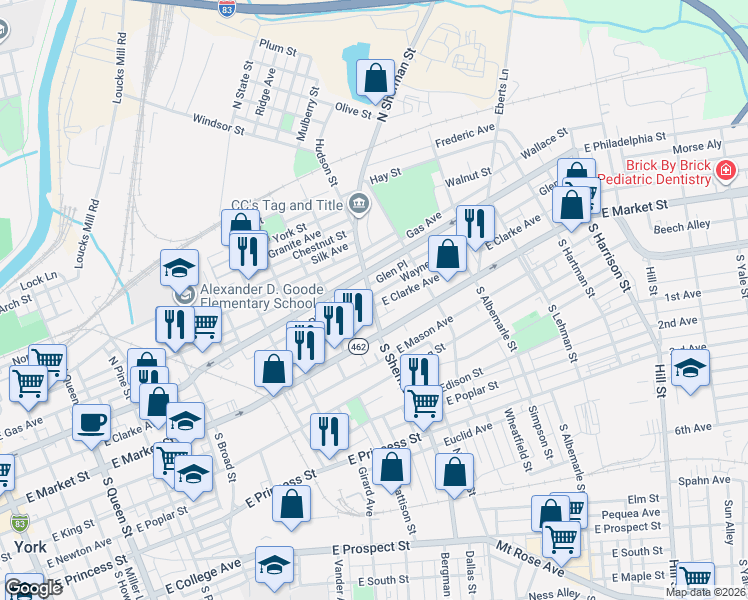 map of restaurants, bars, coffee shops, grocery stores, and more near 818 East Clarke Avenue in York