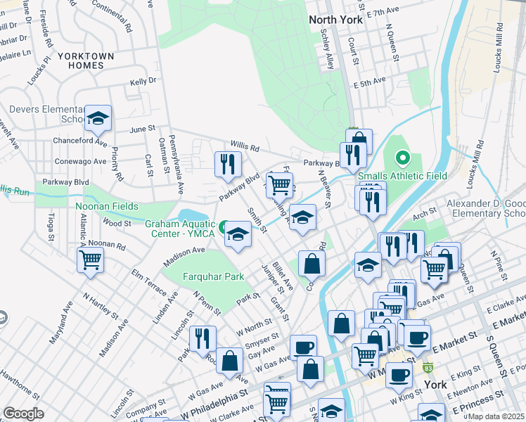map of restaurants, bars, coffee shops, grocery stores, and more near 218 Front Street in York