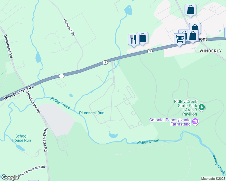 map of restaurants, bars, coffee shops, grocery stores, and more near Edgmont Country Club in Newtown Square