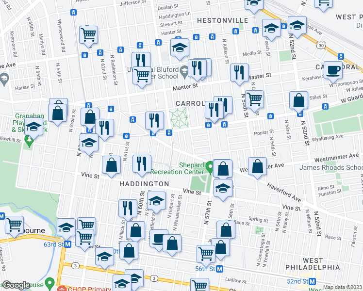 map of restaurants, bars, coffee shops, grocery stores, and more near 513 North Hobart Street in Philadelphia