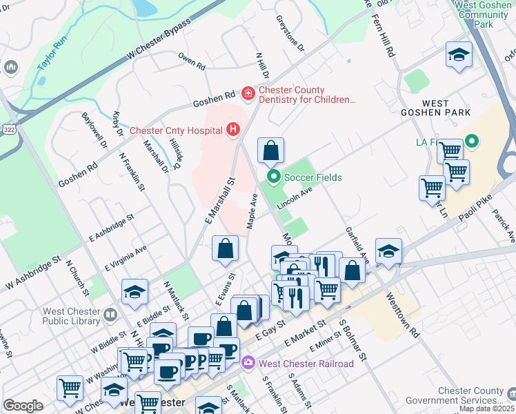 map of restaurants, bars, coffee shops, grocery stores, and more near 515 Maple Avenue in West Chester