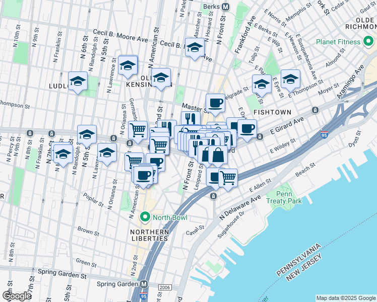 map of restaurants, bars, coffee shops, grocery stores, and more near in Philadelphia