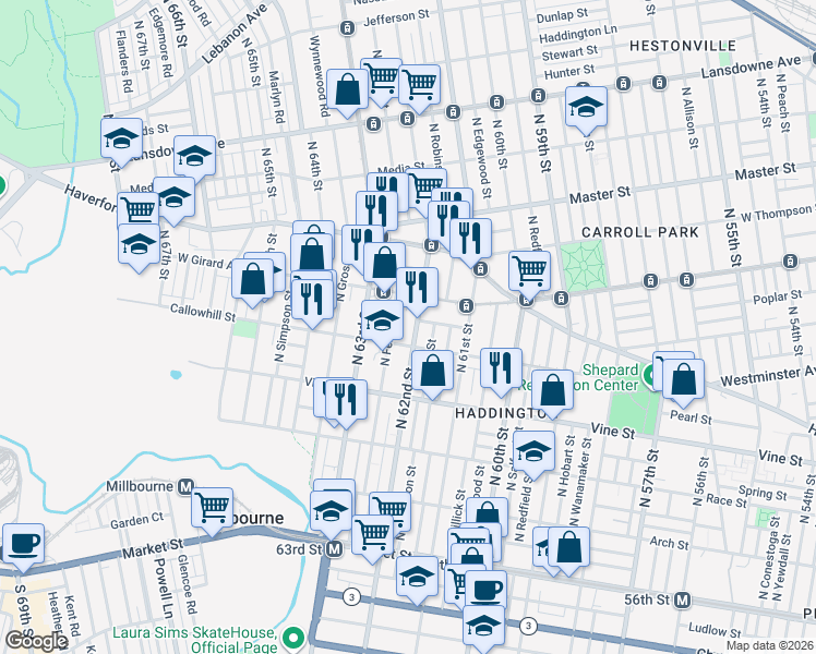 map of restaurants, bars, coffee shops, grocery stores, and more near 416 Horton Street in Philadelphia