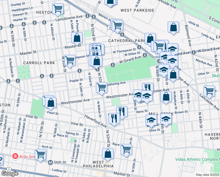 map of restaurants, bars, coffee shops, grocery stores, and more near 5109 Westminster Avenue in Philadelphia