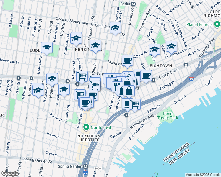 map of restaurants, bars, coffee shops, grocery stores, and more near 119 West Girard Avenue in Philadelphia