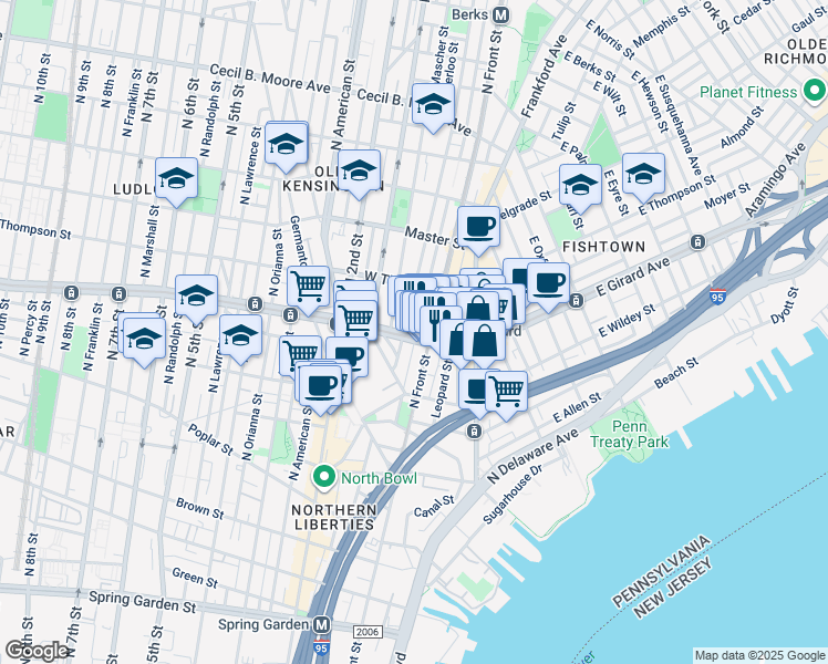 map of restaurants, bars, coffee shops, grocery stores, and more near 119 West Girard Avenue in Philadelphia
