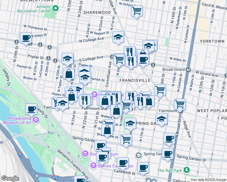 map of restaurants, bars, coffee shops, grocery stores, and more near 800 North 20th Street in Philadelphia