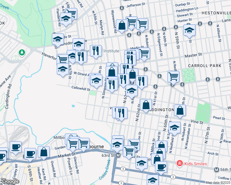 map of restaurants, bars, coffee shops, grocery stores, and more near 6343 Callowhill Street in Philadelphia