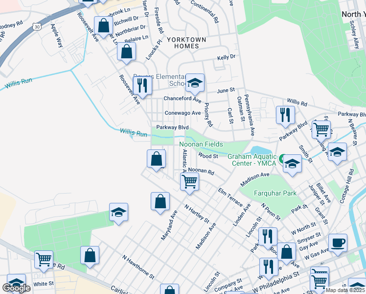 map of restaurants, bars, coffee shops, grocery stores, and more near 562 Atlantic Avenue in York