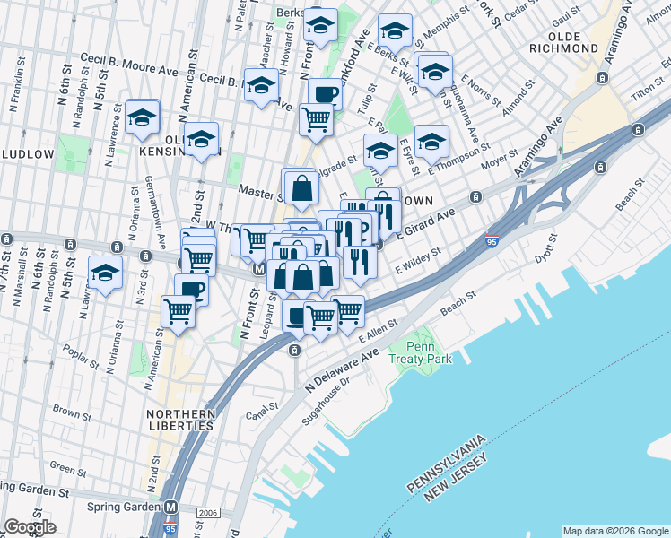 map of restaurants, bars, coffee shops, grocery stores, and more near 1129 Crease Street in Philadelphia