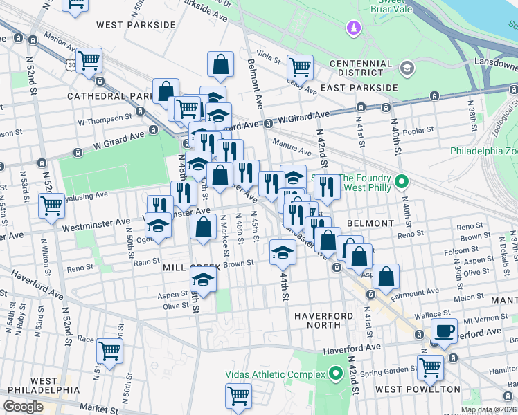 map of restaurants, bars, coffee shops, grocery stores, and more near 886 North 45th Street in Philadelphia