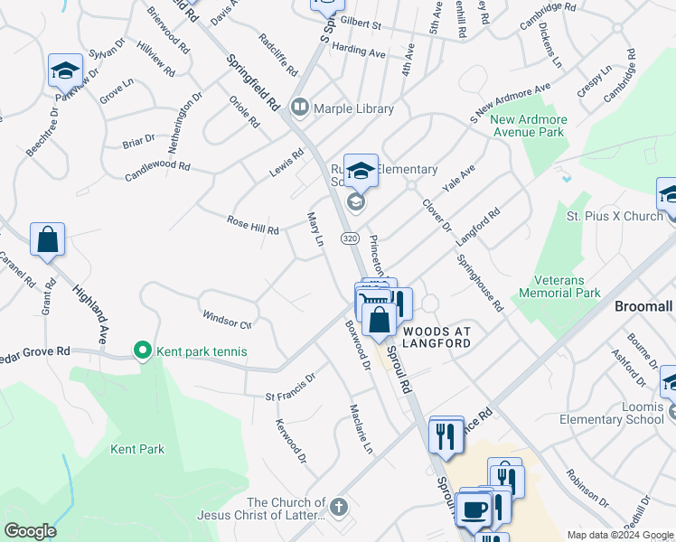 map of restaurants, bars, coffee shops, grocery stores, and more near 2157 Mary Lane in Broomall