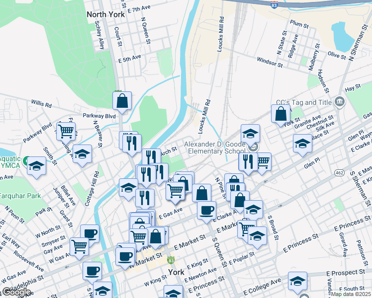map of restaurants, bars, coffee shops, grocery stores, and more near 210 Arch Street in York