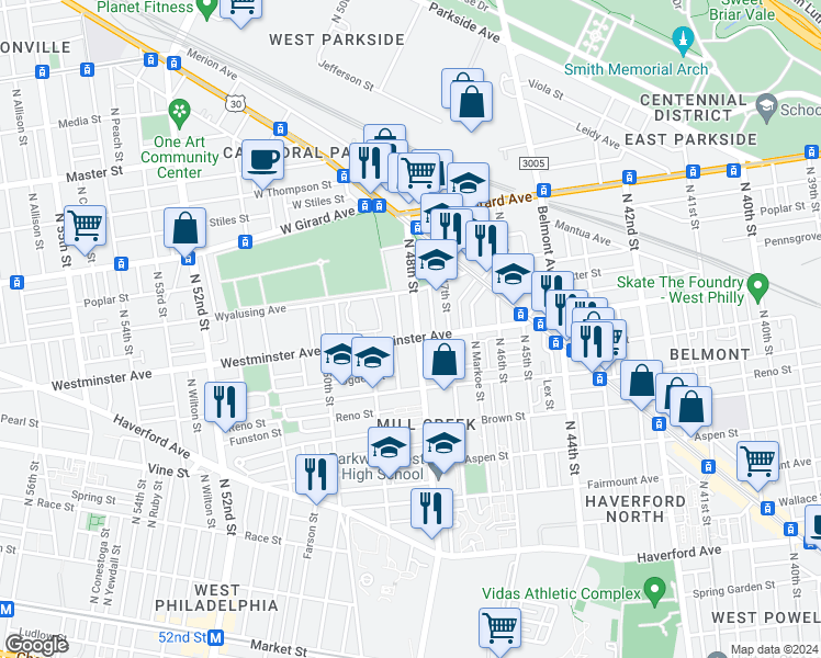 map of restaurants, bars, coffee shops, grocery stores, and more near 906 North 48th Street in Philadelphia
