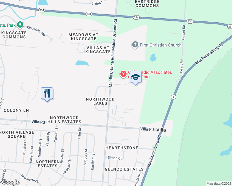 map of restaurants, bars, coffee shops, grocery stores, and more near 3270 Middle Urbana Road in Springfield