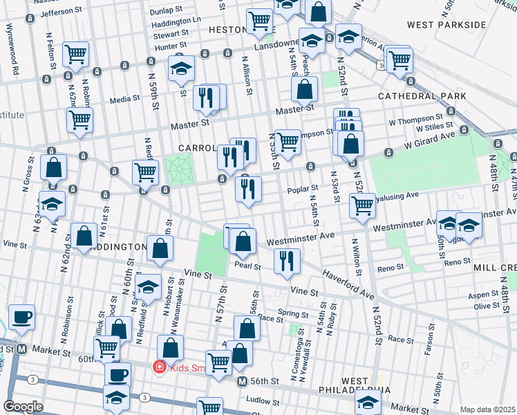 map of restaurants, bars, coffee shops, grocery stores, and more near 5550 Harmer Street in Philadelphia