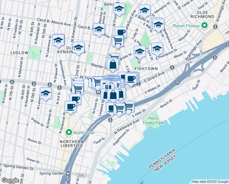 map of restaurants, bars, coffee shops, grocery stores, and more near 157 East Girard Avenue in Philadelphia