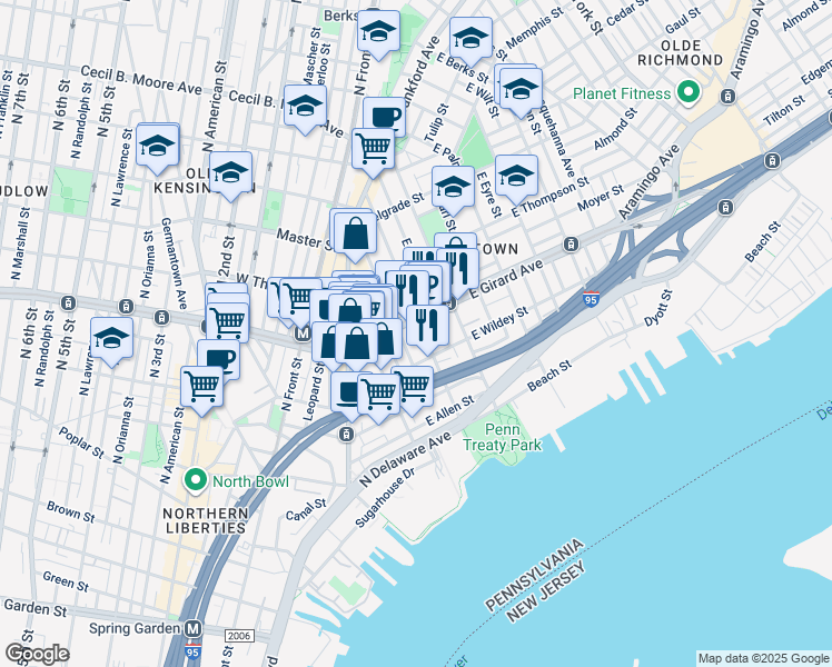 map of restaurants, bars, coffee shops, grocery stores, and more near 1128 Marlborough Street in Philadelphia