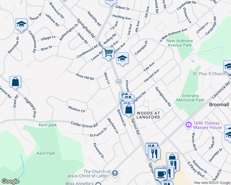 map of restaurants, bars, coffee shops, grocery stores, and more near 2157 Mary Lane in Broomall