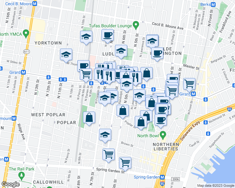 map of restaurants, bars, coffee shops, grocery stores, and more near 981 6th Street in Philadelphia