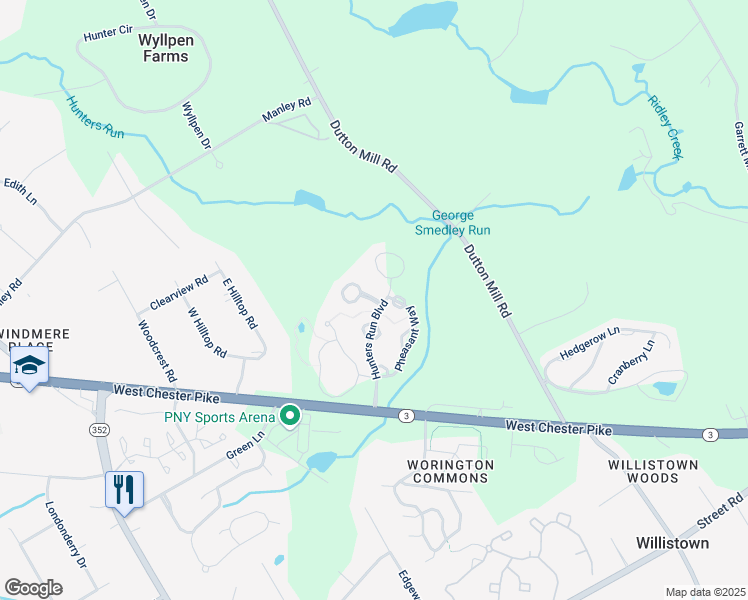 map of restaurants, bars, coffee shops, grocery stores, and more near 3 Doe Run Court in West Chester