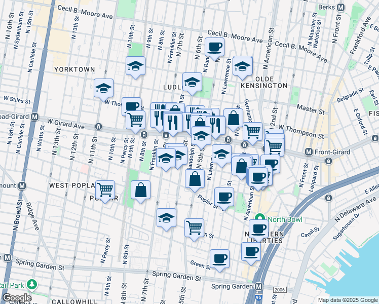 map of restaurants, bars, coffee shops, grocery stores, and more near 990 North Randolph Street in Philadelphia