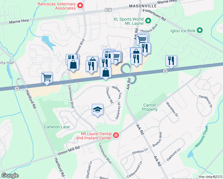 map of restaurants, bars, coffee shops, grocery stores, and more near 207 Willow Turn in Mount Laurel