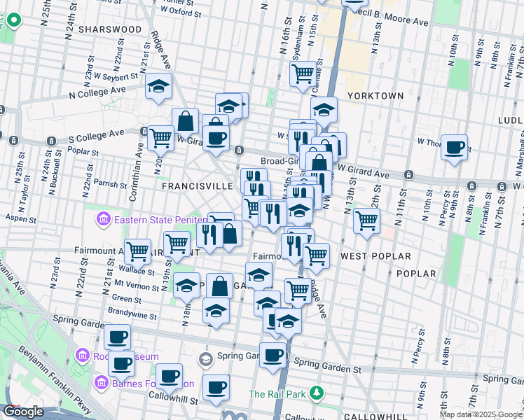 map of restaurants, bars, coffee shops, grocery stores, and more near 1538 Parrish Street in Philadelphia
