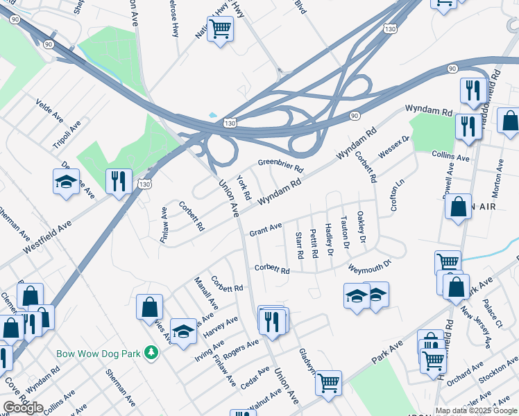 map of restaurants, bars, coffee shops, grocery stores, and more near 7660 Wyndam Road in Pennsauken Township