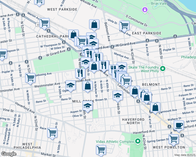 map of restaurants, bars, coffee shops, grocery stores, and more near 4610 Westminster Ave in Philadelphia