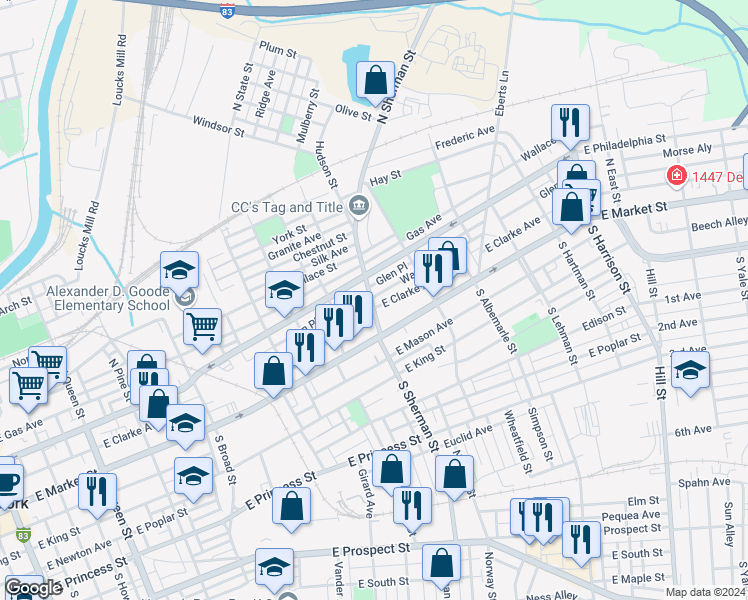 map of restaurants, bars, coffee shops, grocery stores, and more near 800 Wayne Avenue in York