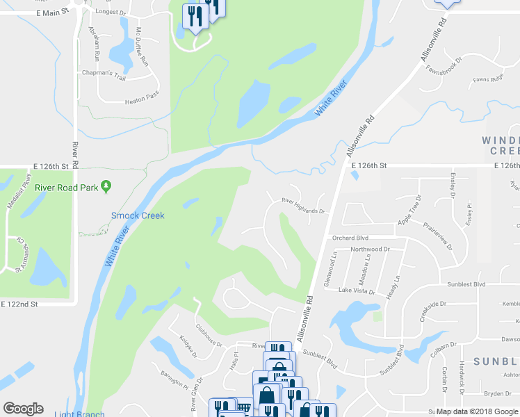map of restaurants, bars, coffee shops, grocery stores, and more near 7444 River Highlands Drive in Fishers