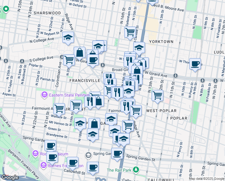 map of restaurants, bars, coffee shops, grocery stores, and more near 1538 Parrish Street in Philadelphia