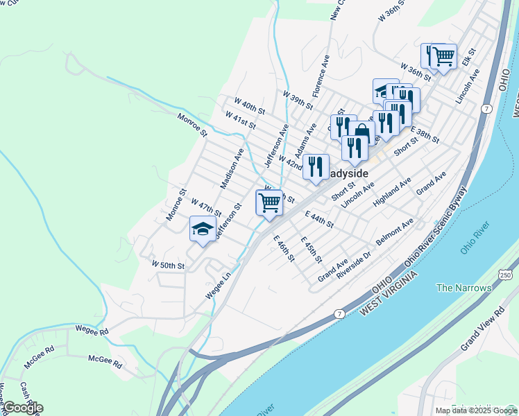 map of restaurants, bars, coffee shops, grocery stores, and more near 170 West 45th Street in Shadyside