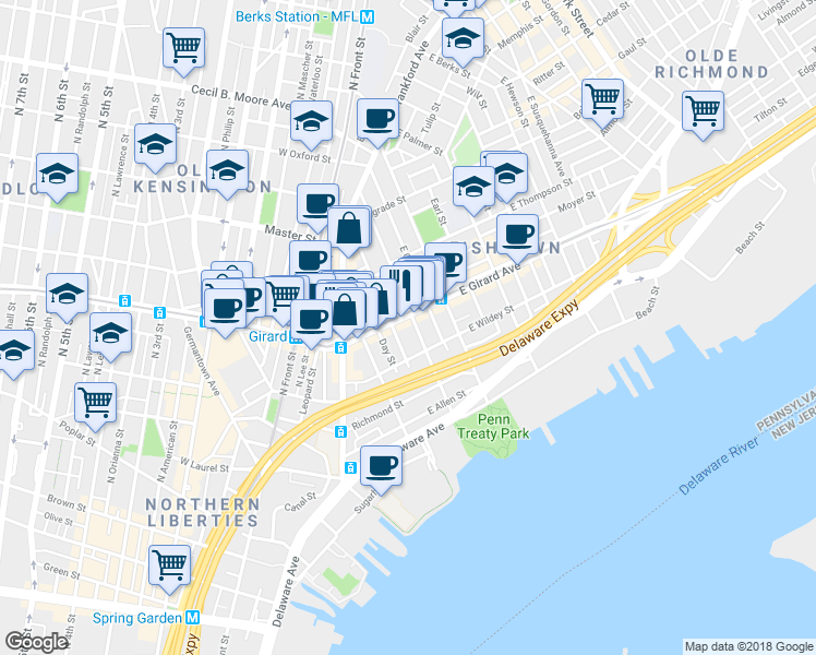 map of restaurants, bars, coffee shops, grocery stores, and more near 1130 Marlborough Street in Philadelphia