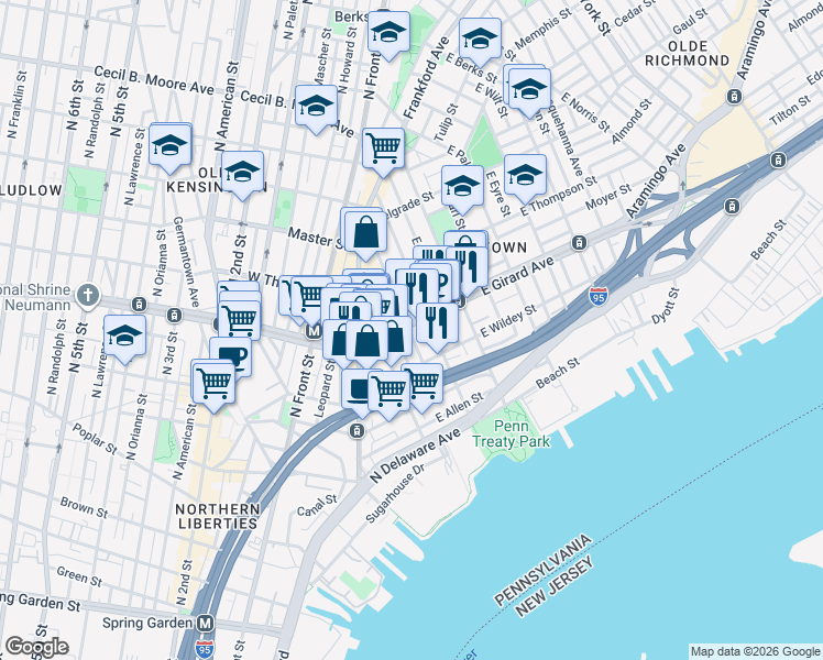 map of restaurants, bars, coffee shops, grocery stores, and more near 1129 Crease Street in Philadelphia