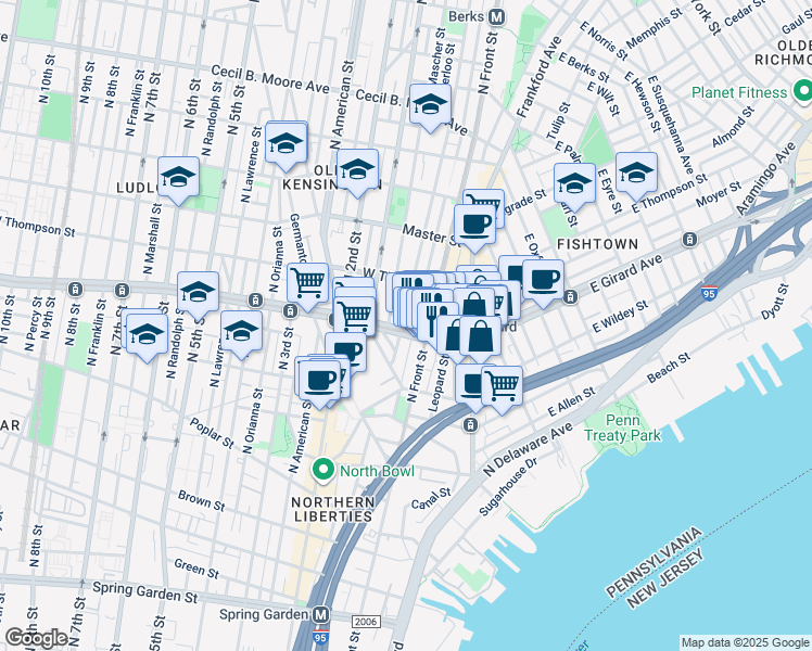 map of restaurants, bars, coffee shops, grocery stores, and more near 127 West Girard Avenue in Philadelphia