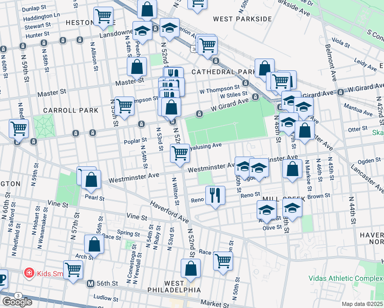 map of restaurants, bars, coffee shops, grocery stores, and more near 543 North Creighton Street in Philadelphia