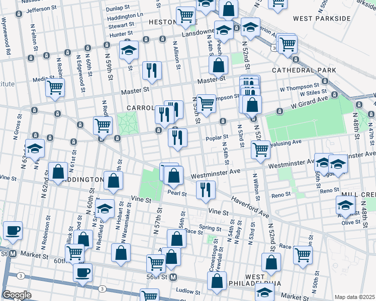 map of restaurants, bars, coffee shops, grocery stores, and more near 5540 Harmer Street in Philadelphia