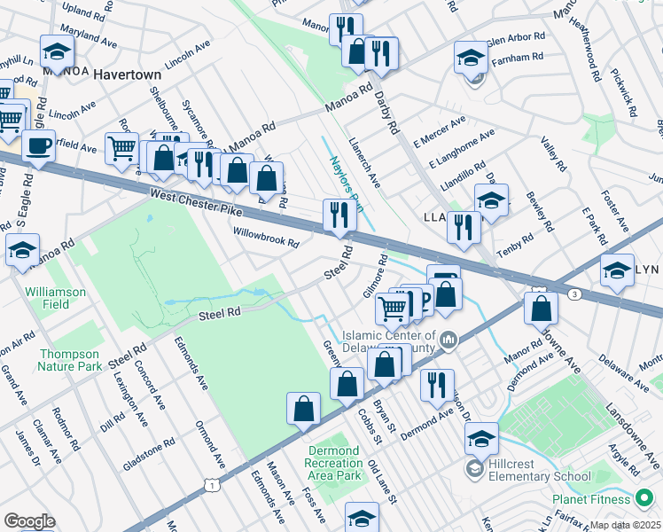 map of restaurants, bars, coffee shops, grocery stores, and more near 306 Steel Road in Havertown