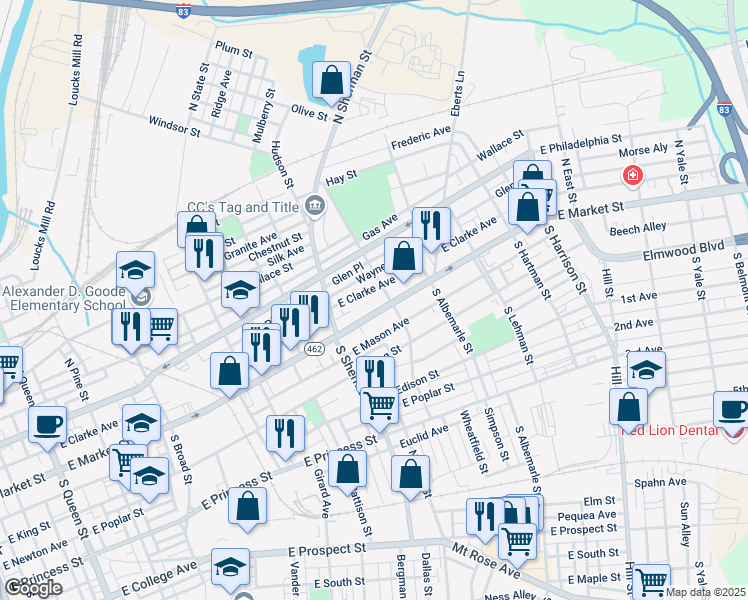 map of restaurants, bars, coffee shops, grocery stores, and more near 875 Pennsylvania 462 in York