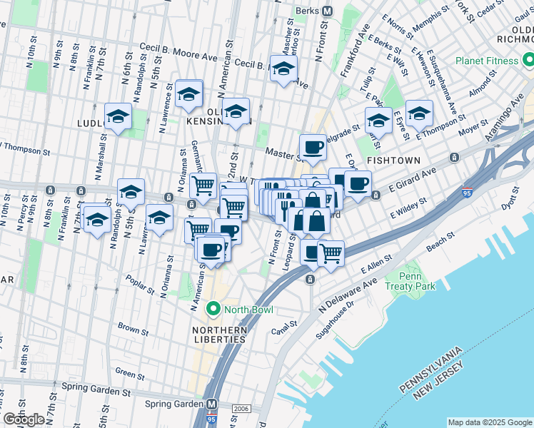 map of restaurants, bars, coffee shops, grocery stores, and more near 127 West Girard Avenue in Philadelphia