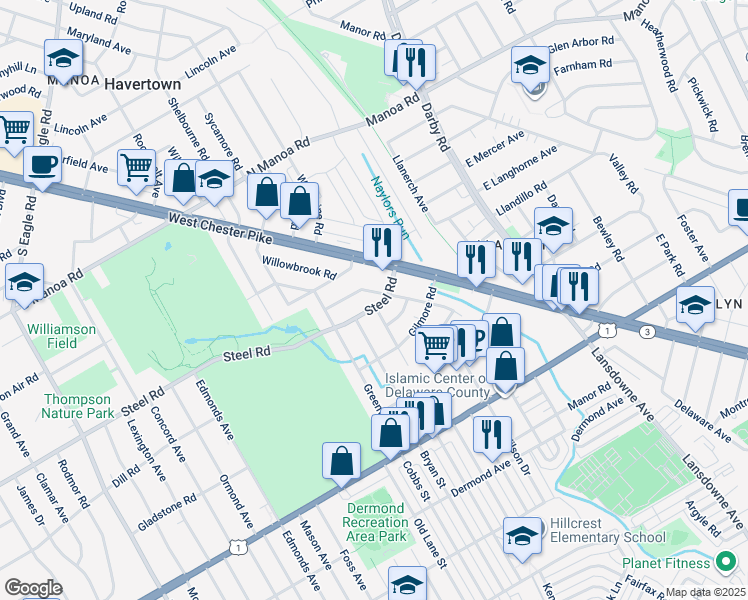 map of restaurants, bars, coffee shops, grocery stores, and more near 306 Steel Road in Havertown